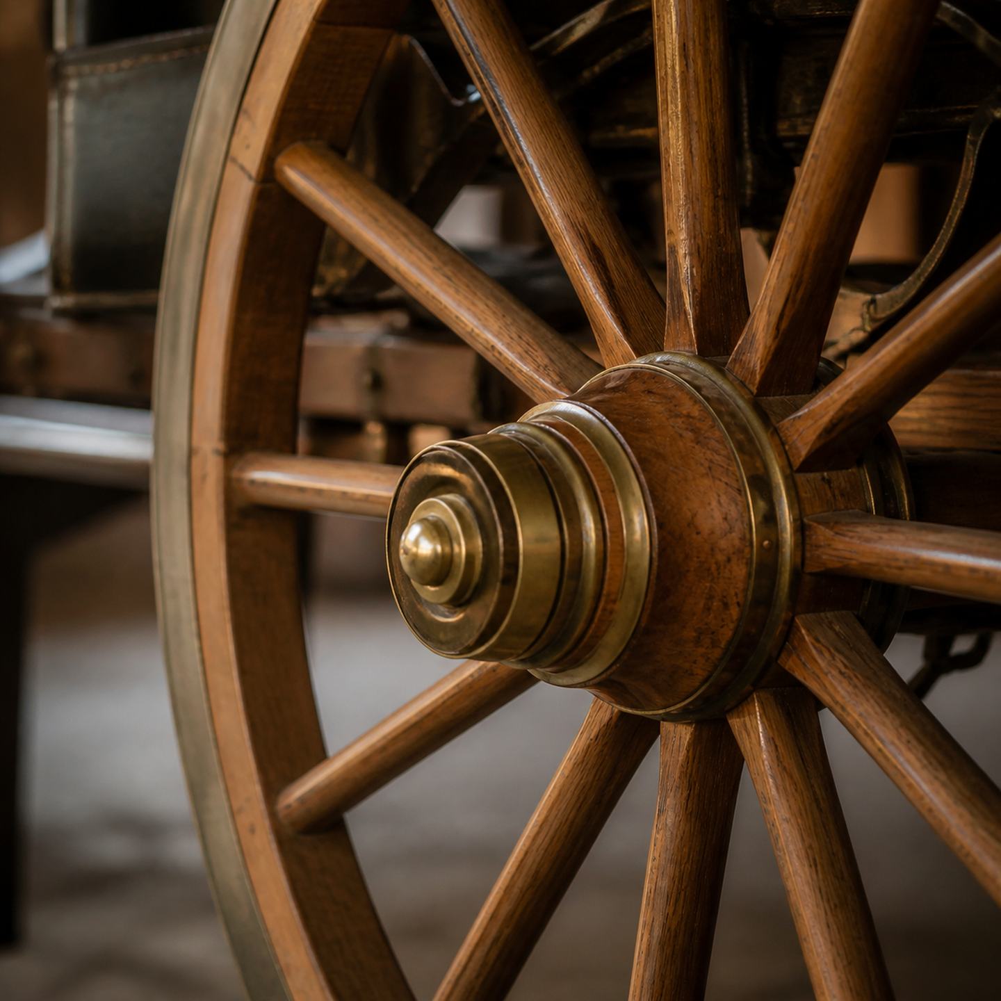 Detail von Nabe und Holzspeichen eines gepflegten historischen Kutschenrads. (KI-generiert)