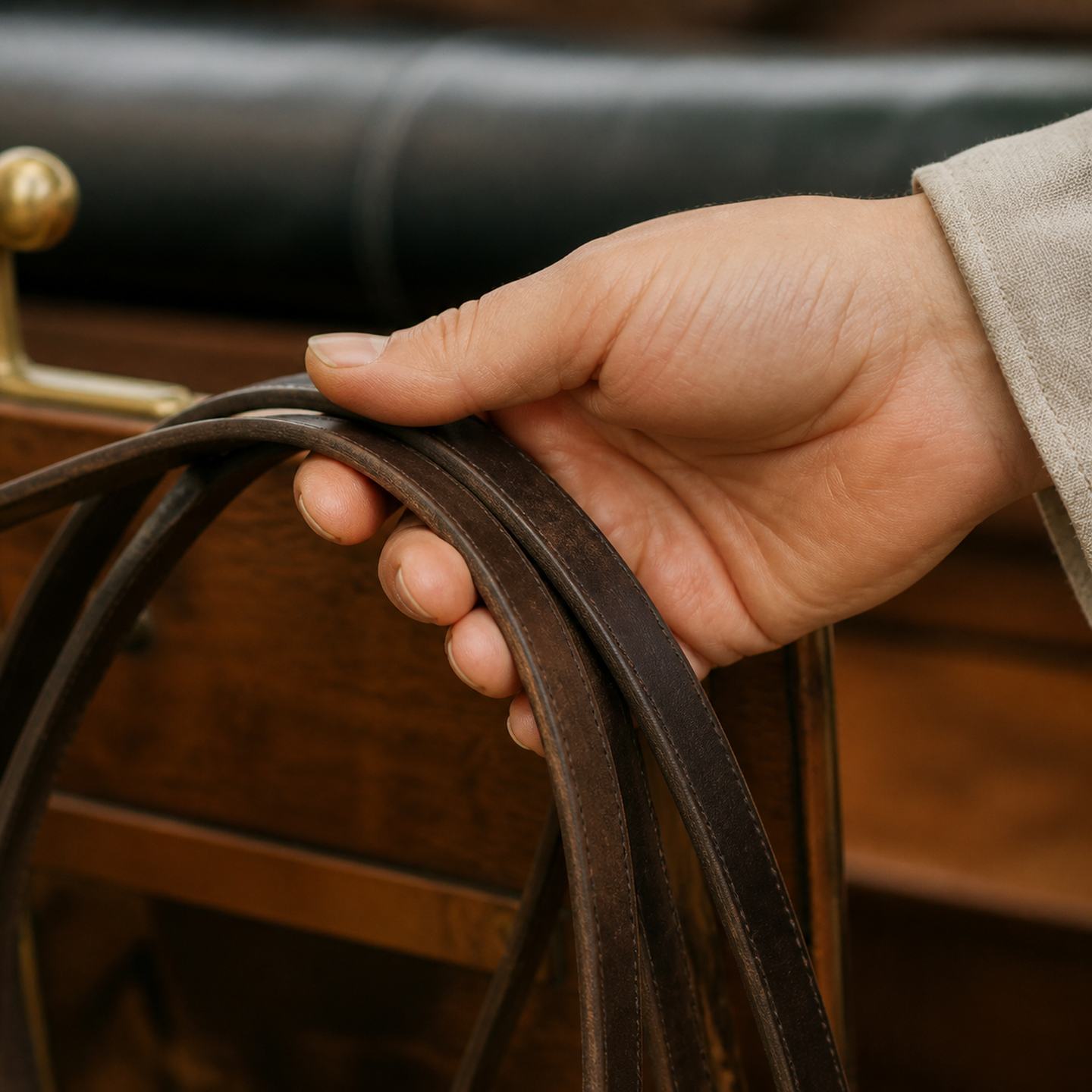 Fiktive Hand hält mehrere Lederzügel locker und fachgerecht. (KI-generiert)