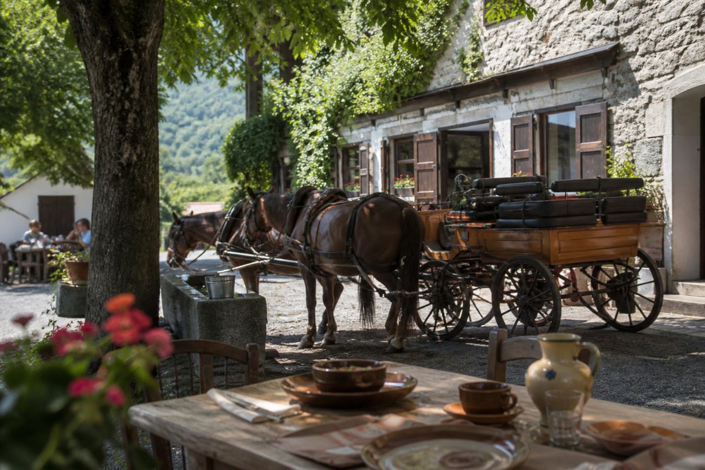 Ruhende Kutschpferde im Schatten vor einem Gasthof mit gedecktem Tisch im Vordergrund. (KI-generiert)