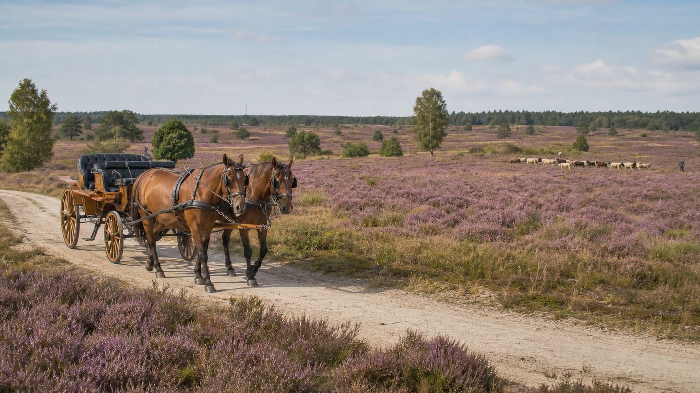 Kutschgespann auf einem Sandweg durch violett blühende Lüneburger Heide mit Heidschnucken im Hintergrund. (KI-generiert)