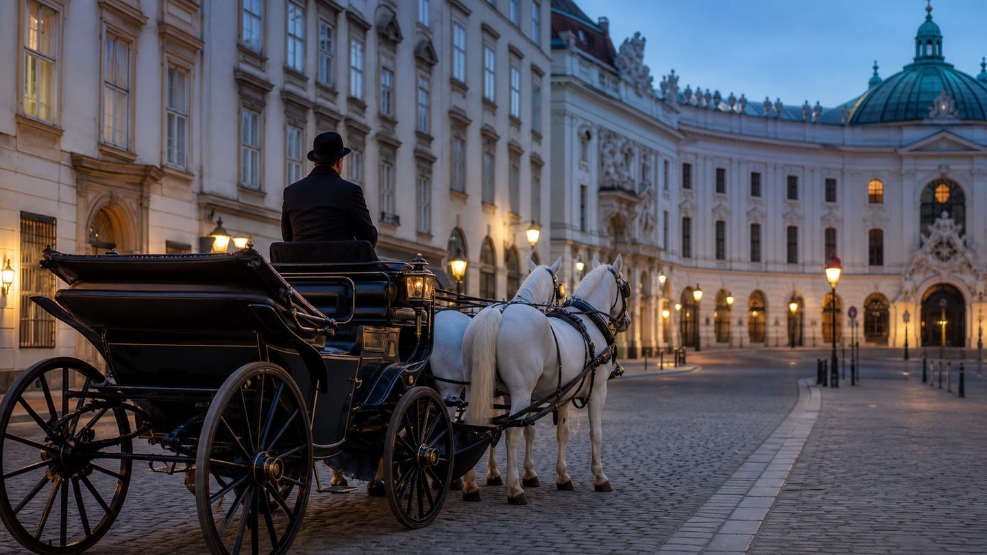 Wiener Fiaker mit zwei weißen Pferden vor historischer Hofburgarchitektur in der blauen Stunde. (KI-generiert)