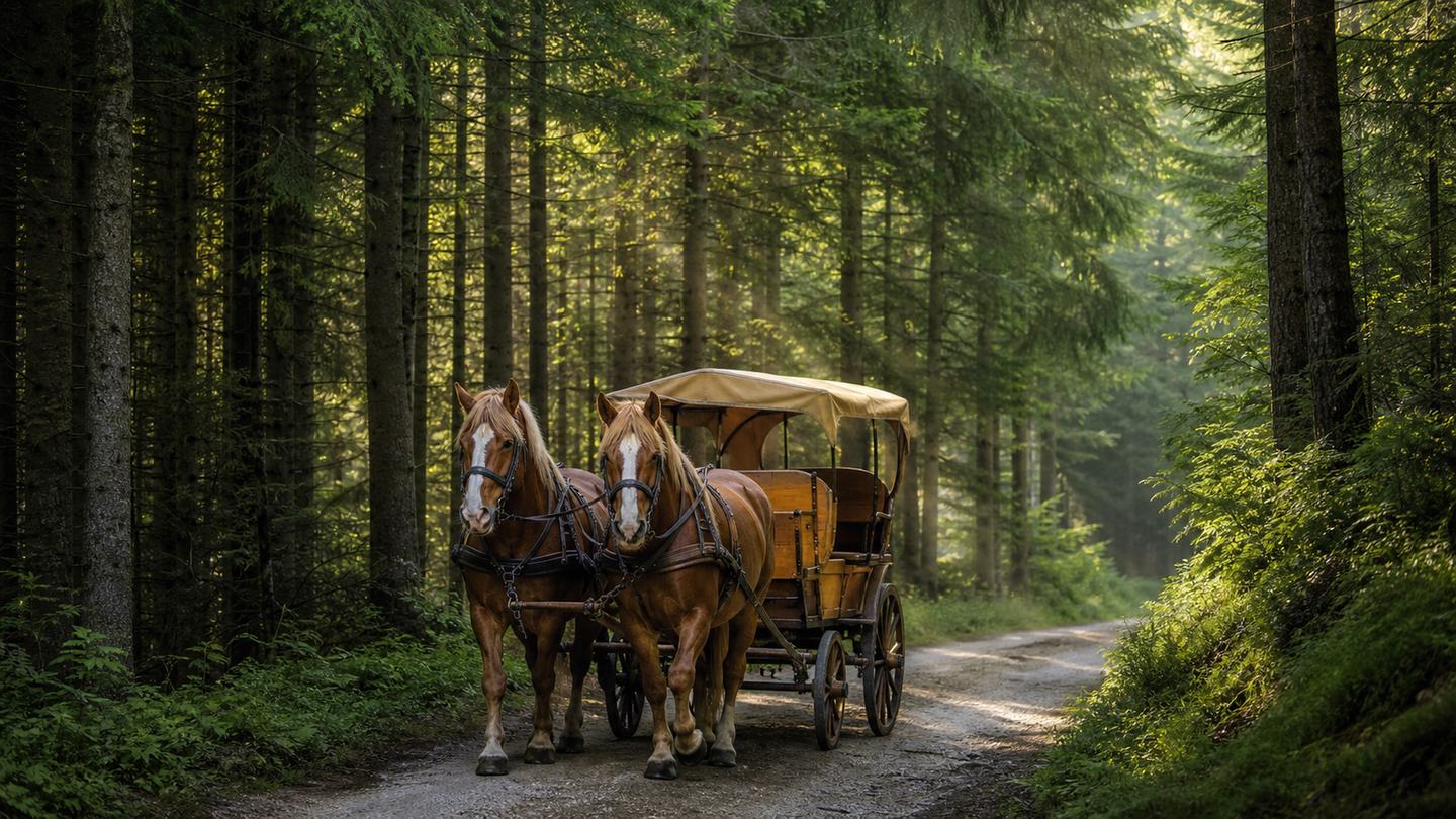 Zweispänner auf einem schmalen Waldweg zwischen hohen Schwarzwaldtannen. (KI-generiert)