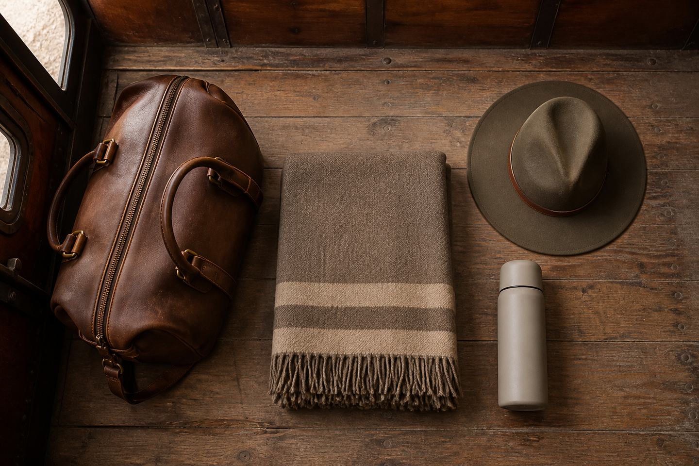 Ledertasche, Wolldecke, Hut und Thermoskanne als Reisegepäck auf einem hölzernen Wagenboden. (KI-generiert)