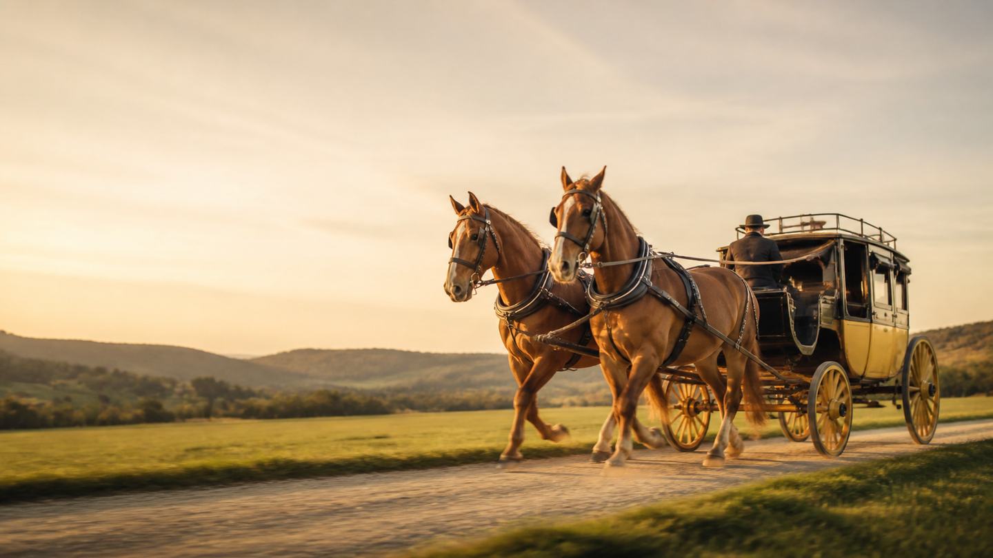 Zweispänner in Bewegung auf einem Landweg im warmen Licht der goldenen Stunde. (KI-generiert)