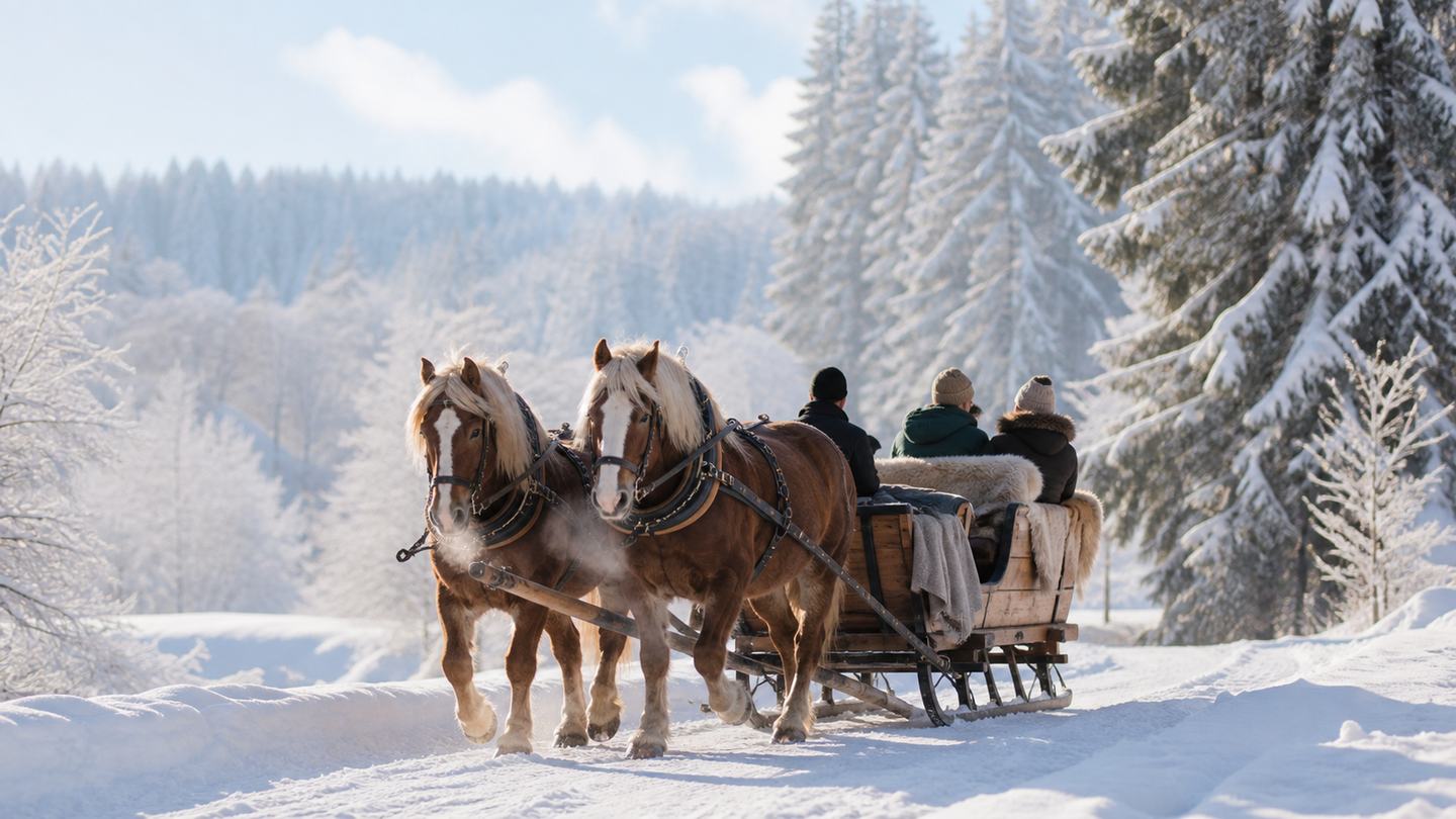 Pferdeschlitten mit warm eingedeckten Fahrgästen auf einem verschneiten Waldweg. (KI-generiert)